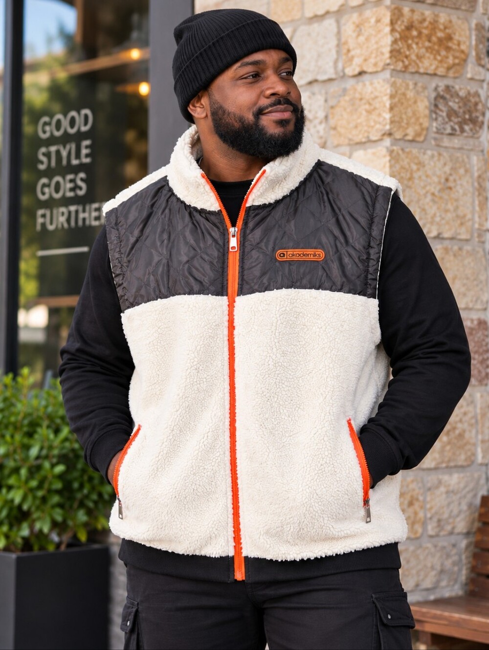Akademiks 3XL Sherpa Fleece Vest Y2K Streetwear Ivory Orange